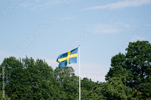 A Swedish flag in the wind, surround by green trees, summer day in Sweden