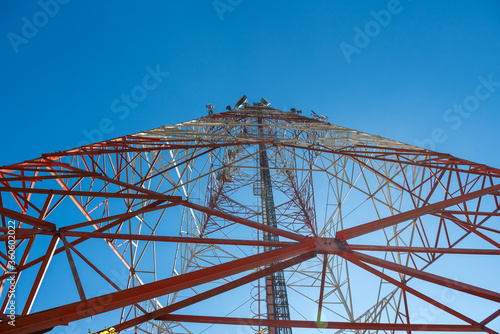 Wireless communication antenna tower with blue sky