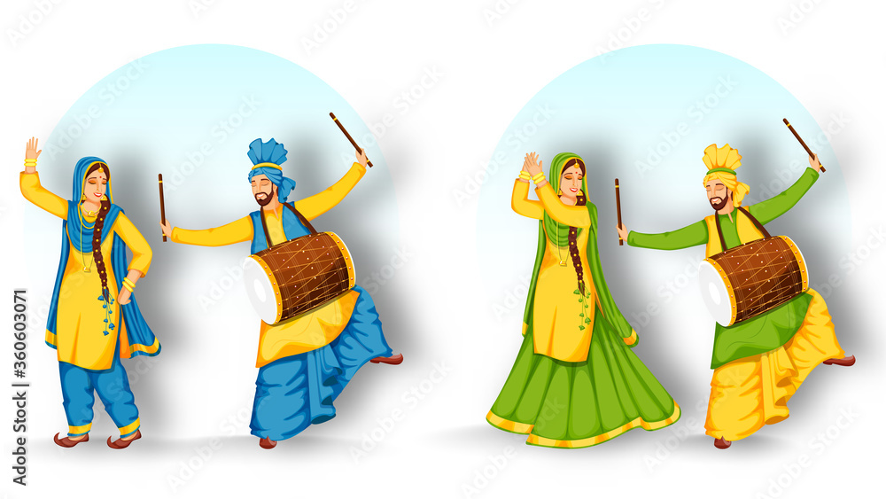 Punjabi Man Playing Dhol Drum and Woman Performing Bhangra Dance