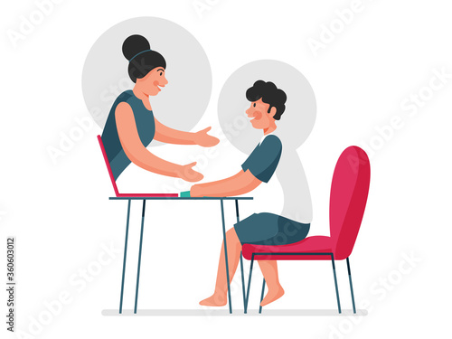Cartoon Boy Online Learning From Laptop with Teacher Woman.