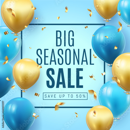 Canvas Print Big Seasonal Final sale text, special offer blue banner celebrate background with gold foil and blue air balloons