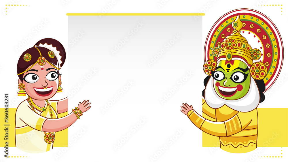 Εκτύπωση καμβά Kathakali Dancer and South Indian Woman holding a Blank Paper on White and Yellow Background
