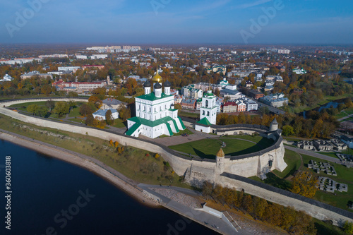 Trinity Cathedral in the Pskov Kremlin in the golden autumn (aerial photography). Pskov, Russia
