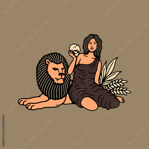 Canvas Print GIRL WITH A SKULL SITTING WITH A LION COLOR BACKGROUND