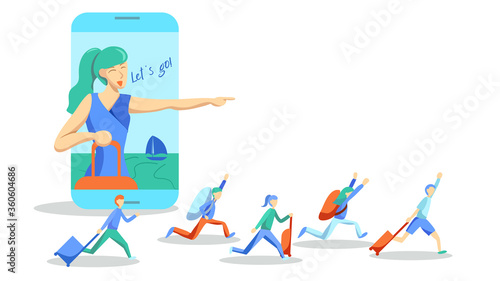 Female travel influencer, idol in social media. A woman in smart phone with followers vector illustration for influencer marketing, travelling business. flat design