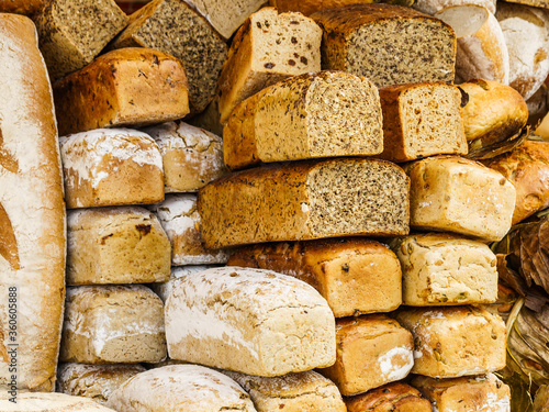 Many rustic fresh bread loaves