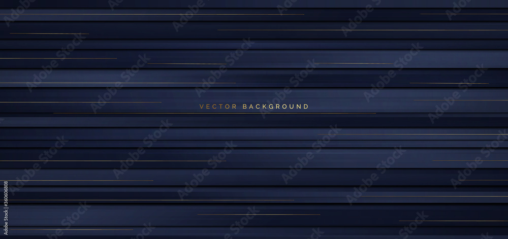 Abstract banner dark blue stripe horizontal background with golden lines. Luxury stryle.