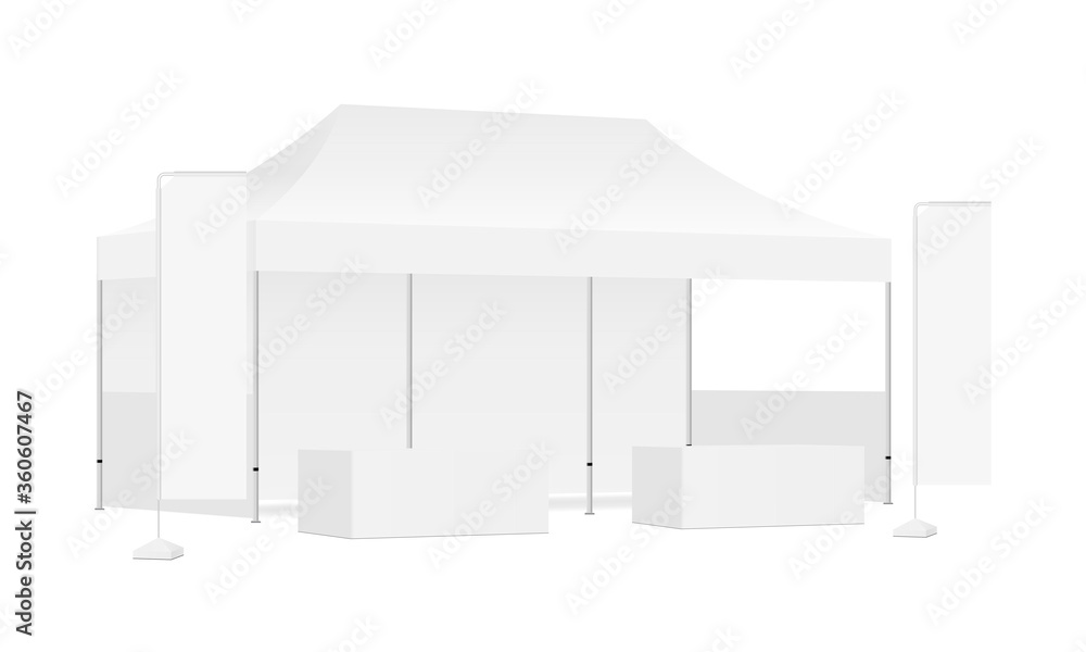 Foto Pop up rectangular canopy tent, two flags, demonstration tables