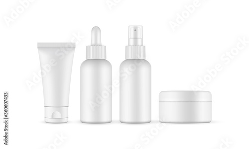 Blank cosmetic packaging mockup: jar, tube, dropper, spray bottle. Vector illustration