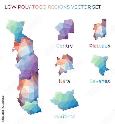 Togolese low poly regions. Polygonal map of Togo with regions. Geometric maps for your design. Astonishing vector illustration.