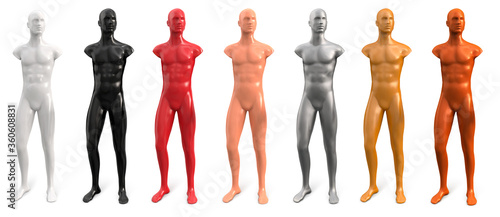 Set of male slender mannequins without arms white, black, red, beige, gold, silver, bronze color. Male naked body. Mannequin without clothes. Vector illustration isolated on white