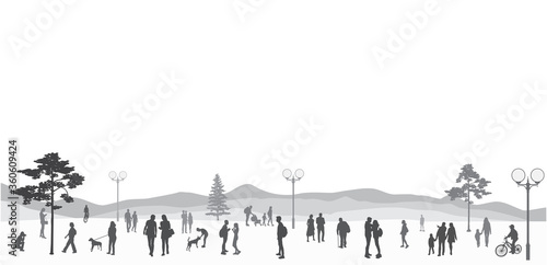 Silhouettes of people, men, women and teenagers walking, riding a Bicycle, families with children in a city Park against the background of mountains, black colors isolated on a white background