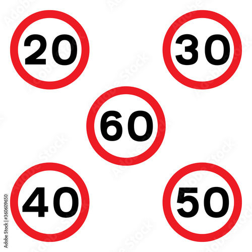 Set of speed limit road signs. Vector illustration of traffic signs with black number and red circle. Maximum speed limit collection.