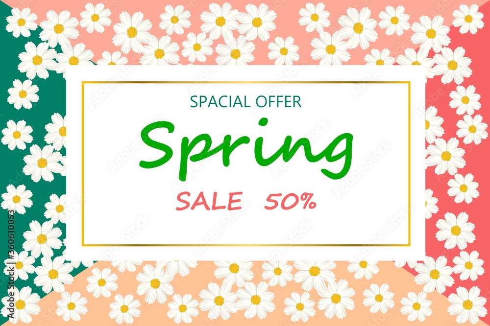 Spring sale background with blooming cosmos colorful flower. Illustration template, banners. Wallpaper, flyers, invitation, posters, brochure, voucher discount.