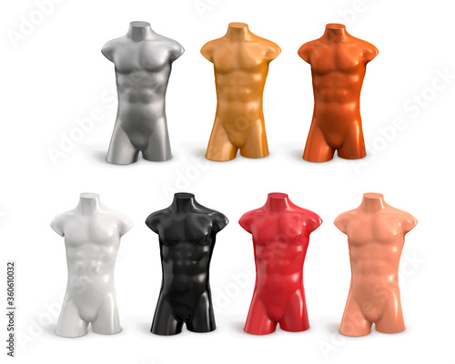 Male torso of white, black, beige, red, silver, gold, bronze color. Plastic male mannequin. Showcase of a fashionable men's store. Vector 3d realistic illustration isolated on white