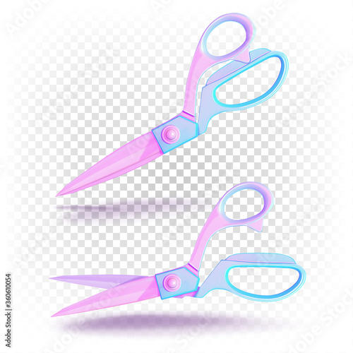 Set of open and closed tailor's scissors for fabric. Sewing tool for seamstress, fashion designer, couturier. Vector 3d illustration of pastel colorful isolated on white transparent background.