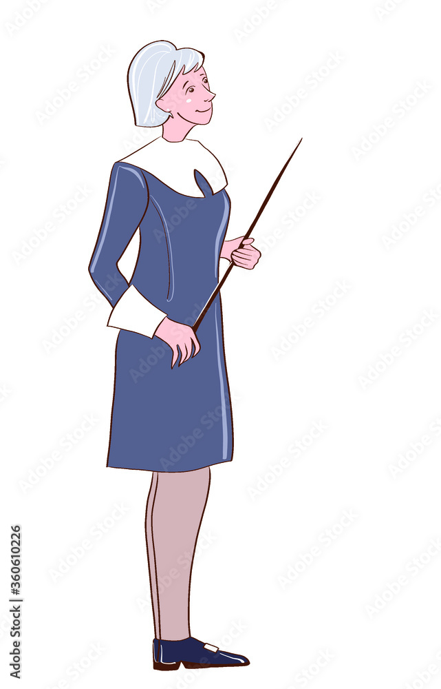 Illustration. A schoolteacher stands and points with a pointer. Vector, on a white background. Illustration. A schoolteacher stands and points with a pointer. Vector, on a white background.