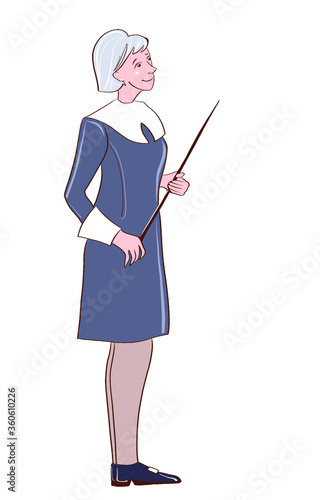 Illustration. A schoolteacher stands and points with a pointer. Vector, on a white background.