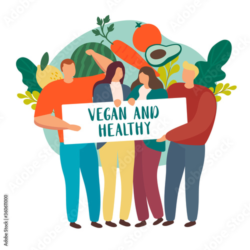 Group of people with big vegetable holding sign vegan and healthy isolated on white flat vector. 
