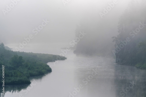 Morning mist on the water of a forest river.
