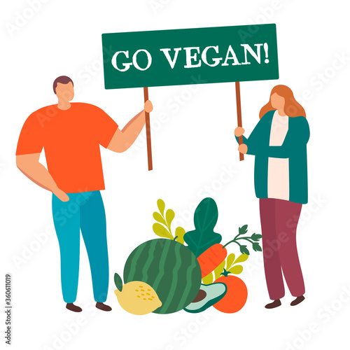 Group of people with big vegetable holding sign go vegan isolated on white flat vector. 
