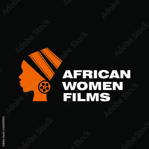 Creative african woman with movie film and festival. Simple flat logo design vector 