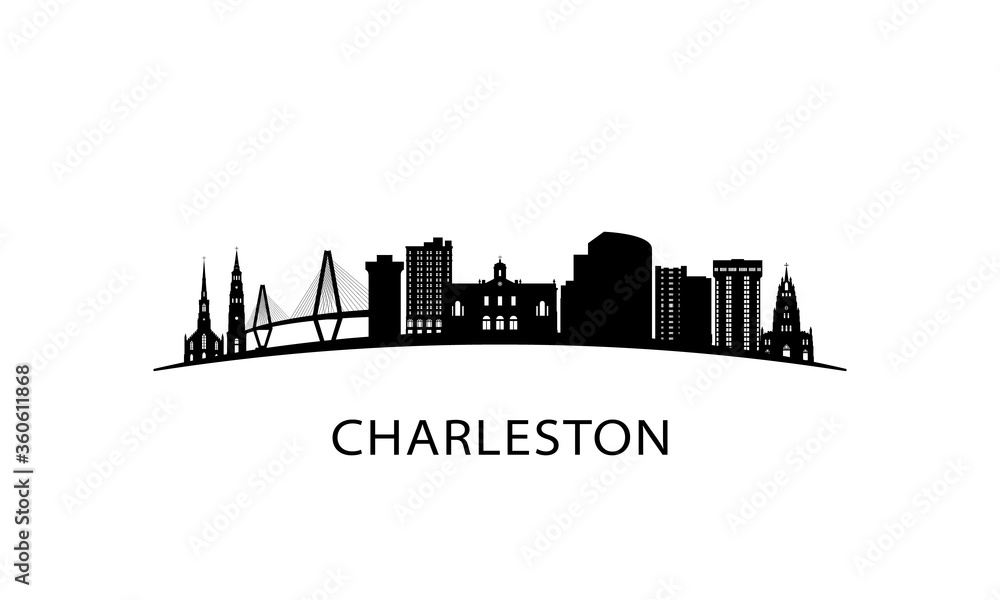 Charleston city South Carolina skyline. Black cityscape isolated on white background. Vector banner.