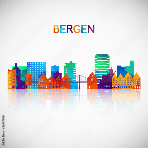 Bergen skyline silhouette in colorful geometric style. Symbol for your design. Vector illustration.