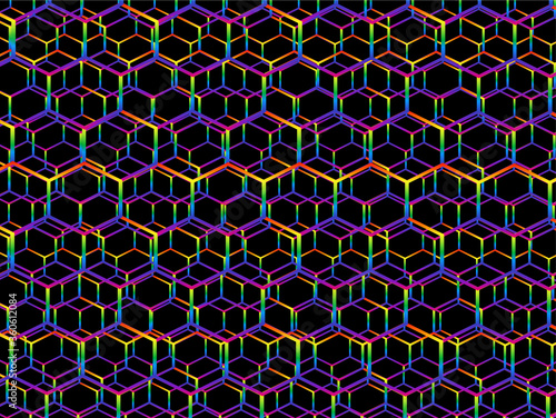 Rainbow gradient background, interesting hexagonal shapes pattern vector design.