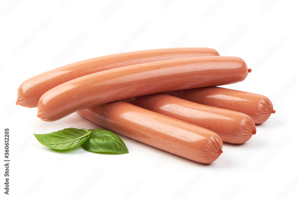 Boiled sausages with basil leaves isolated on white background Boiled sausages with basil leaves isolated on white background