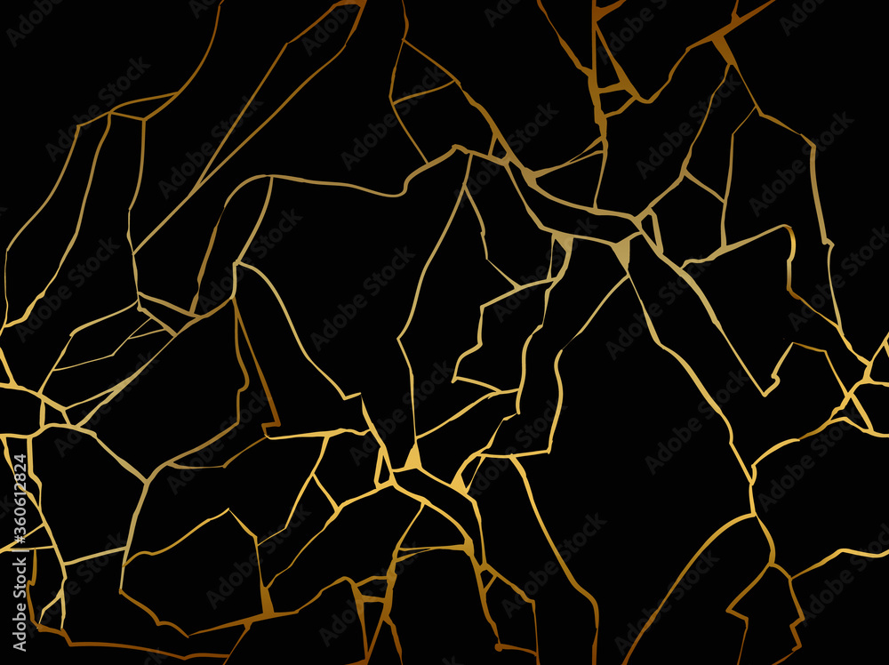 Gold kintsugi crack vector seamless pattern on black background. Golden