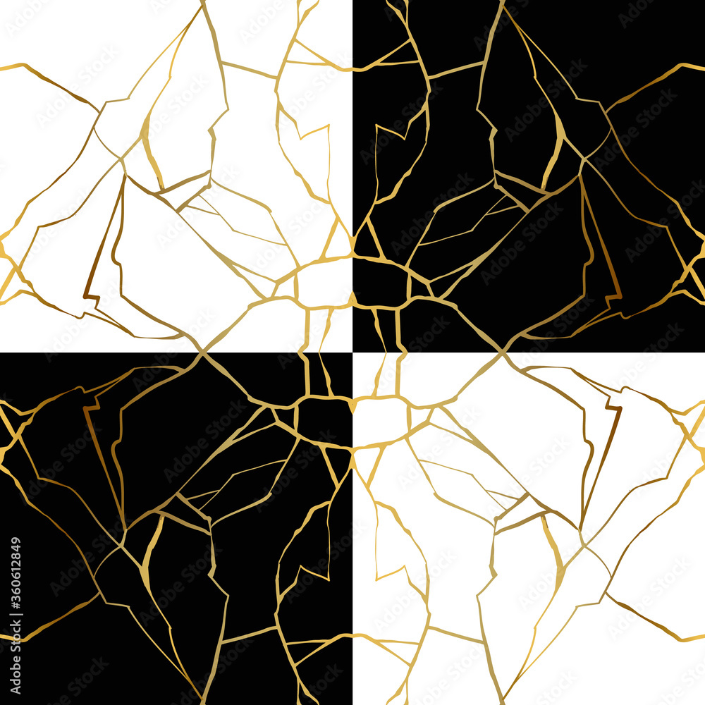 Gold kintsugi crack vector seamless pattern on white background. Golden
