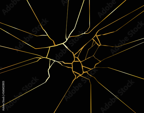 Gold kintsugi crack vector golden texture. Broken ground wall glass pattern effect. Damage glass black background. Earthquake isolated concrete. Break fissure crash land. Kintsugi crack.