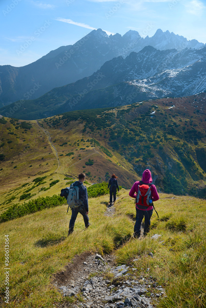 Three hikers on the ridge. Tourists on the mountain ridge. Alpine peaks in the background. Tourers on the mountain-track.