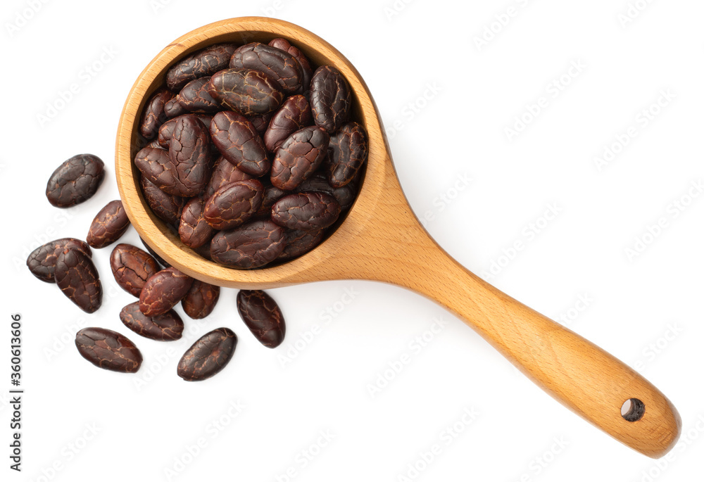 Fototapeta premium peeled cocoa beans in the wooden spoon, isolated on white background, top view