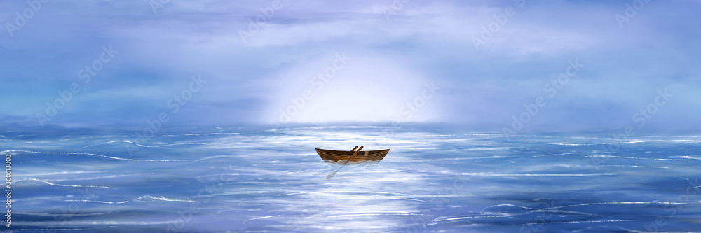Lonely wooden boat on the waves of the sea