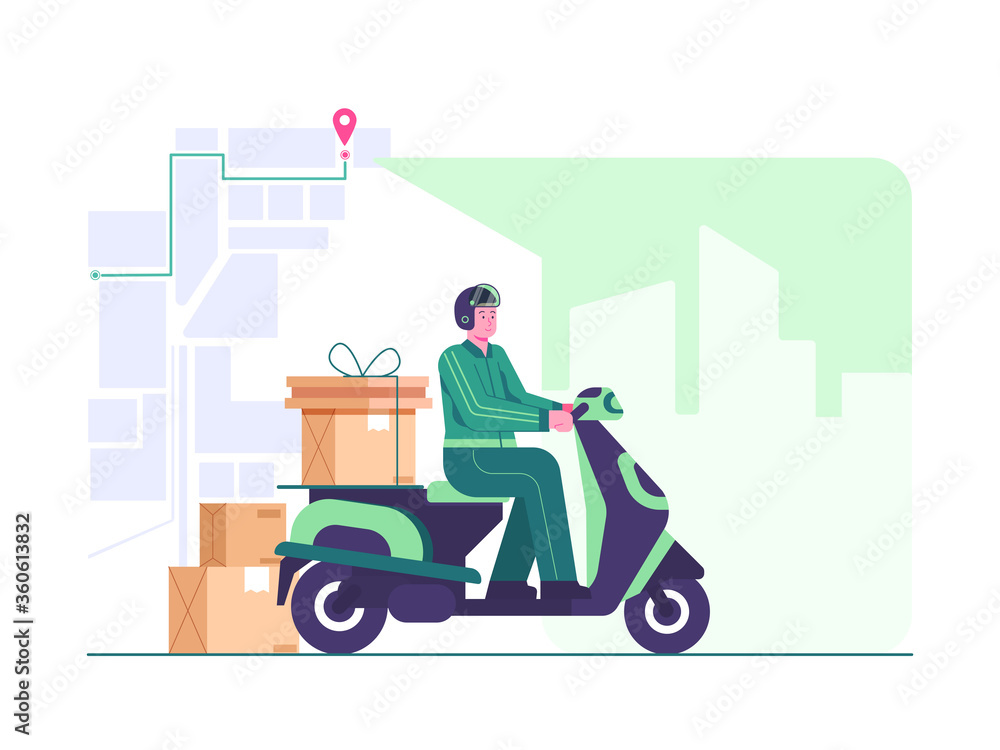 delivery by scooter concept illustration. tracking courier by map application. on the way delivery concept illustration delivery by scooter concept illustration. tracking courier by map application. on the way delivery concept illustration