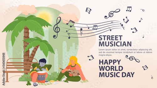 Banner street musician Billboard of world music day People man and woman playing drums and guitar under a tree palm notes icons flat vector illustration cartoon