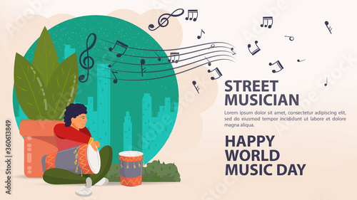 Banner street musician world music day Poster a Man plays a big drum next to a plant notes icons flat vector illustration cartoon