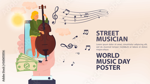 Banner street musician world music day Poster hand holding a mobile phone in it a man plays the double bass notes icons flat vector illustration cartoon