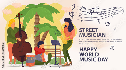 Banner street musician world music day Poster Men and women playing double bass saxophone drum on a background of palm trees notes icons flat vector illustration cartoon