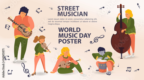 Set of people playing musical instruments guitar violin double bass men and women street musician world music day Poster sheet music icons flat vector illustration cartoon
