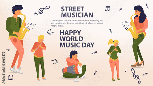 Set of people playing musical instruments saxophone flute drum men and women street musician world music day Poster sheet music icons flat vector illustration cartoon