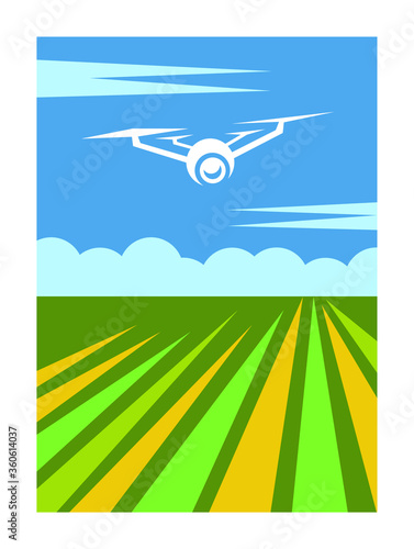 Landscape design and drone in the sky vector illustration. Agriculture and farming concept. Isolated with white background.