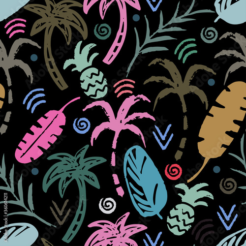 Palm trees, leaves, pineapples seamless pattern. Summer background