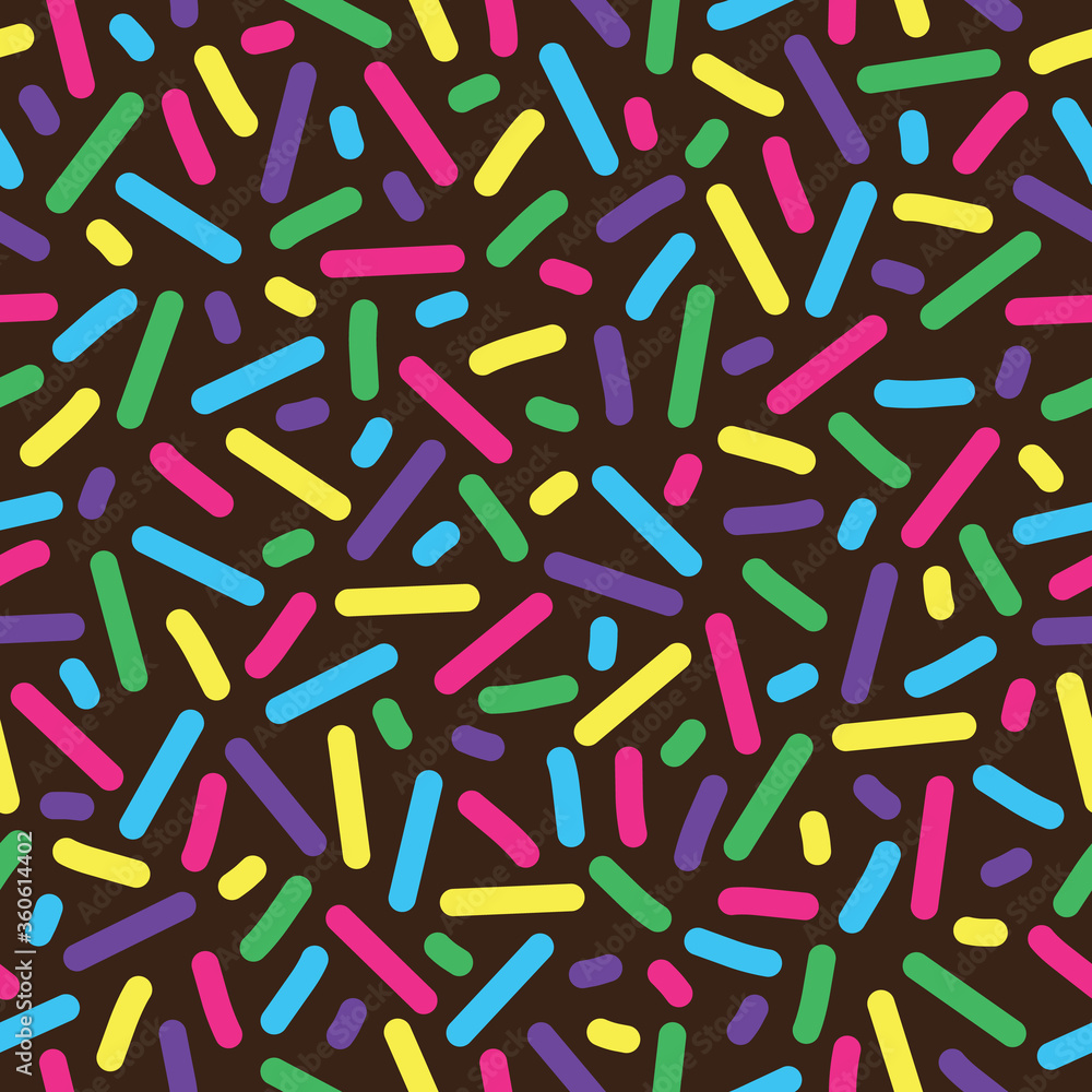 Jimmies colored sprinkles seamless pattern. Perfect for decorating cakes backgrounds, pastries themed wallpaper, packaging, scrapbooking, and giftwrap projects. Surface pattern design.