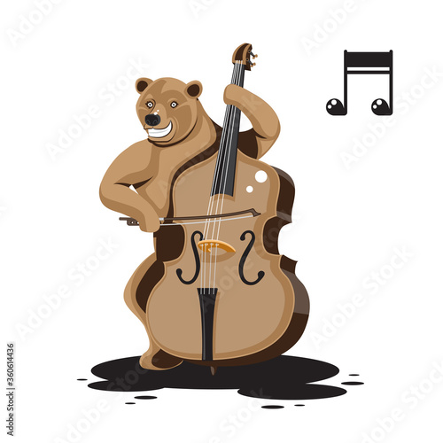 A bear plays a double bass note sign on a white isolated background. Cartoon character. Vector image