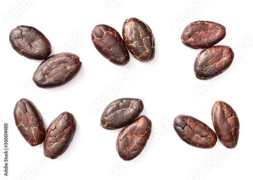 peeled cocoa beans isolated on white background, top view