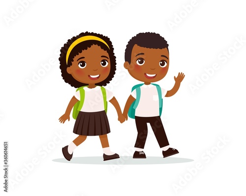 Schoolmates going to school flat vector illustration. Dark skin couple pupils in uniform holding hands isolated cartoon characters. Happy elementary school students with backpack back to school