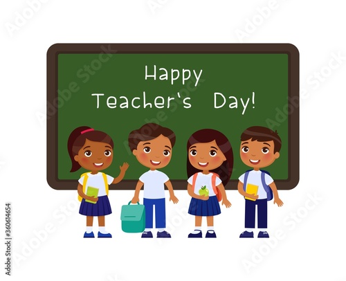 Happy teachers day greeting flat vector illustration. Dark skin schoolkids standing near blackboard in classroom cartoon character. Smiling pupils congratulate teachers. Educational holiday 